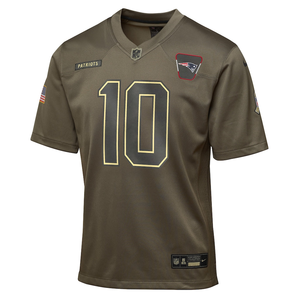New England Patriots Drake Maye Olive 2025 Salute to Service Game Jersey